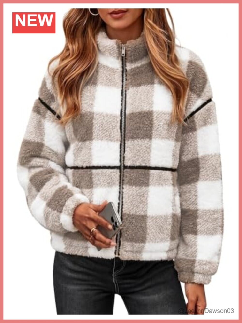 Sherpa Fleece Zip Up Jacket Oversized Winter Coat Plaid